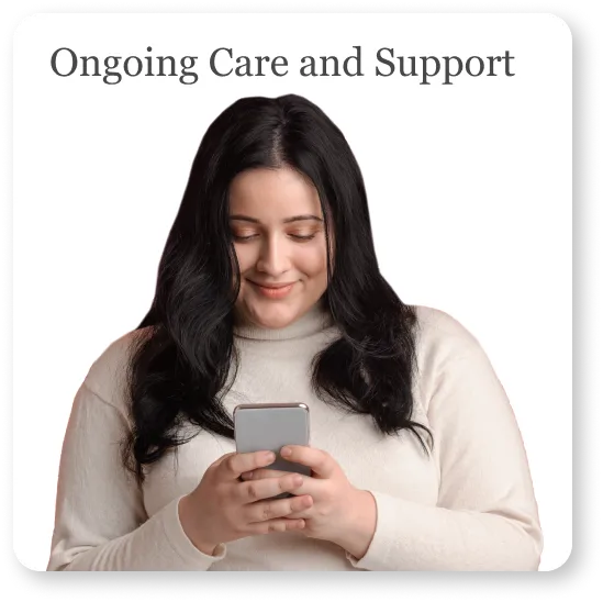 image of a young women on her phone engaging with out website over the title Prescription Weight Management, Personalized