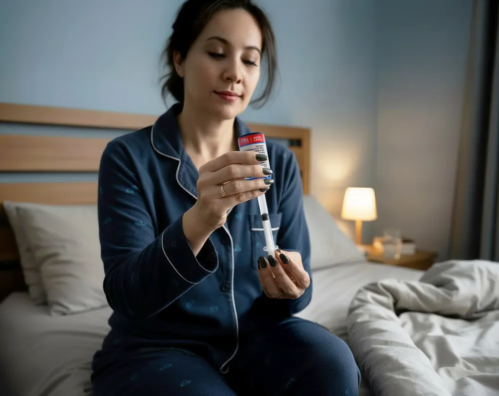 A woman sits on her bed and fills her oral medication syringe from a medicine bottle.